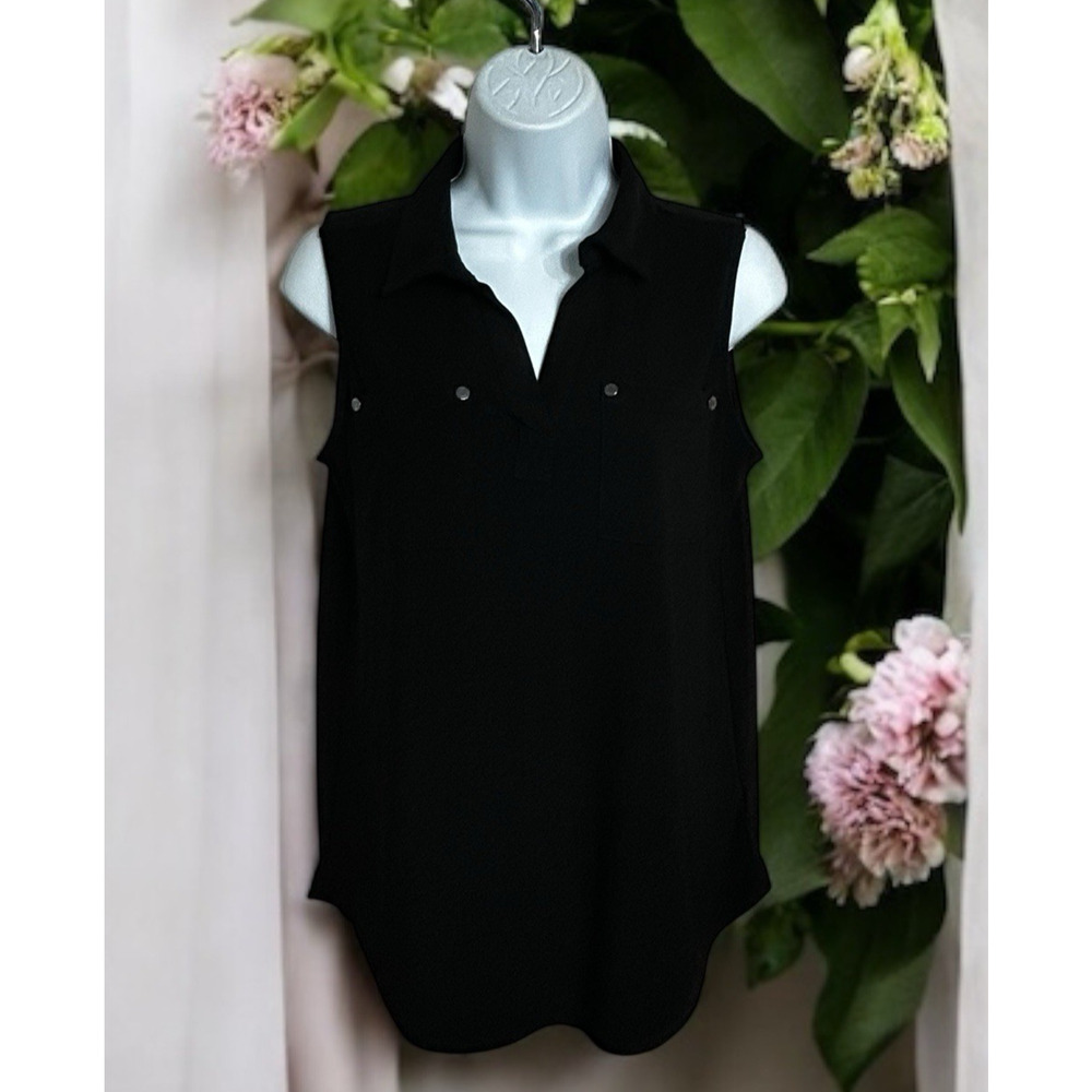 Jones New York Signature Black Blouse Sz Small Sleeveless Collared V-Neck Top